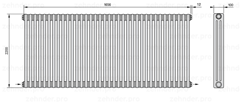 Схема (чертеж) Радиатор Zehnder Charleston 3220/36 №2670 Белый глянцевый RAL 9016